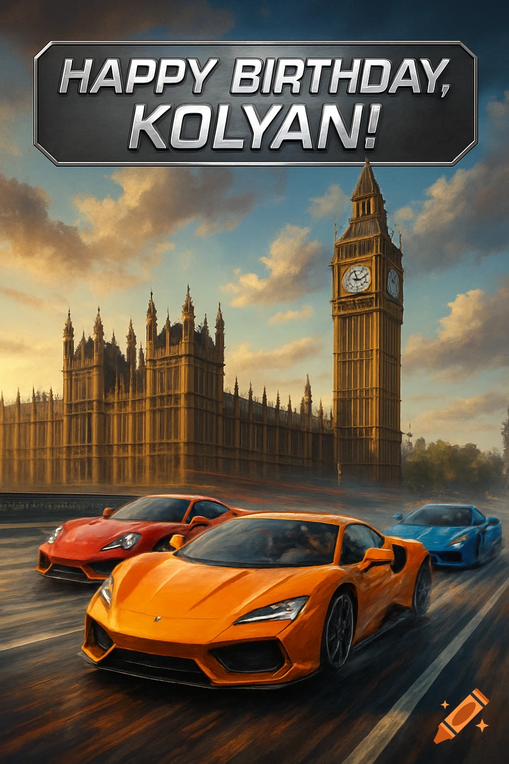 An orange, red, and blue sports car racing across Westminster Bridge in London, with Big Ben and the Houses of Parliament in the background, under a metallic banner that reads "Happy Birthday, Kolyan!" The scene has a dramatic, photorealistic painting style with motion blur.