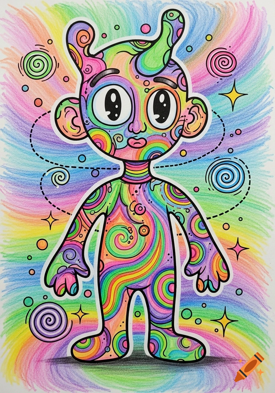 A cartoonish, rainbow-colored figure with large eyes and psychedelic swirling patterns, against a vibrant, streaky rainbow background.