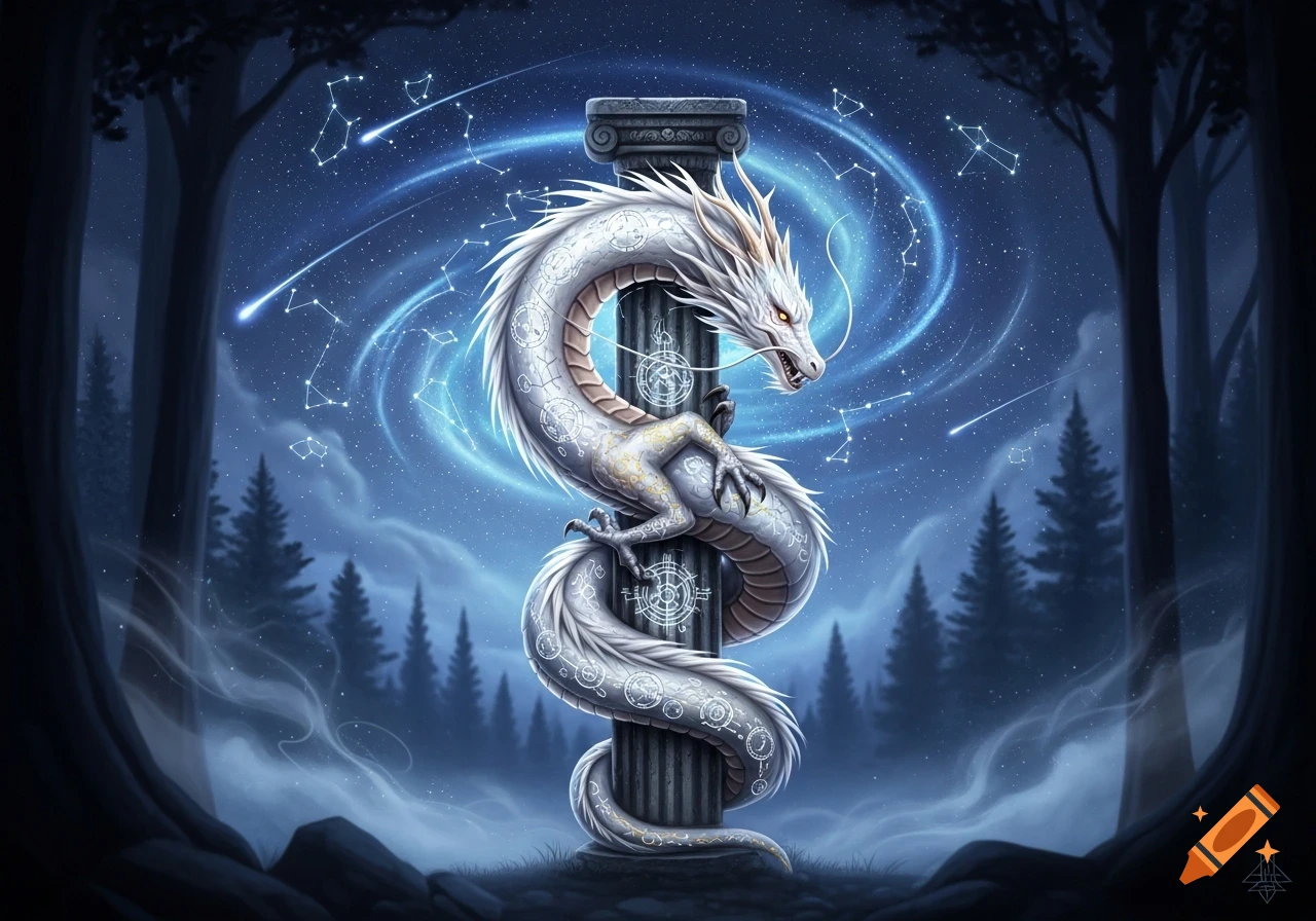 A majestic white dragon with red eyes wraps around a stone pillar in a ...