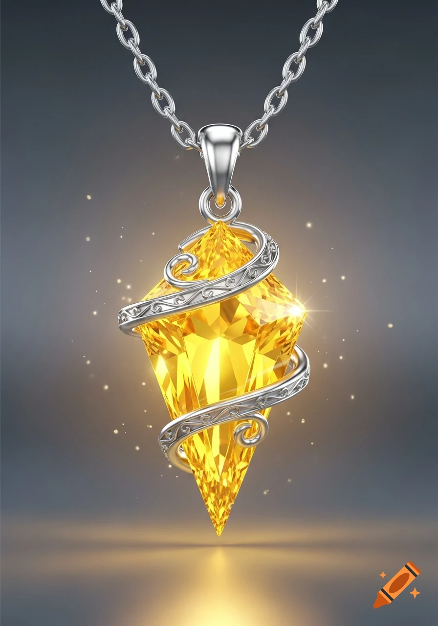 A sparkling yellow faceted gemstone pendant with decorative silver tendrils hangs from a silver chain against a dark background with a golden glow.