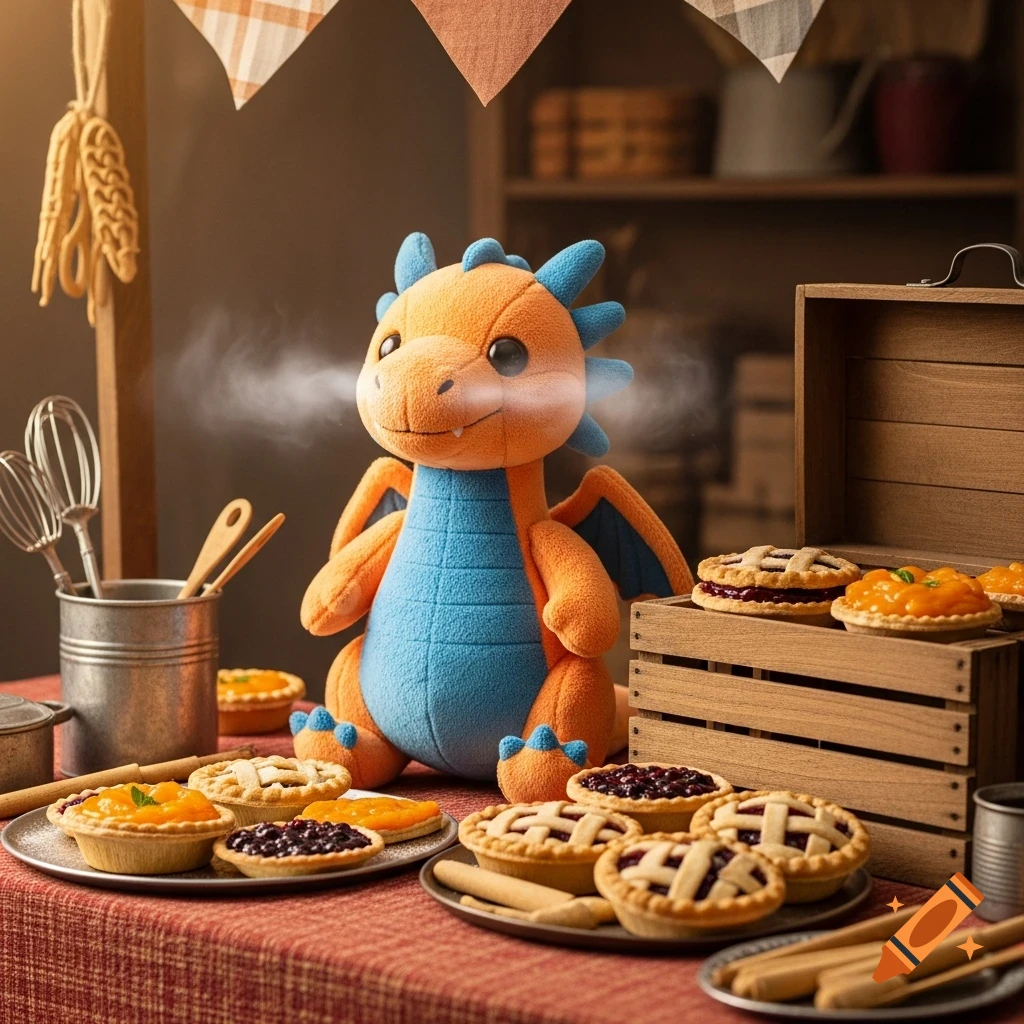 A cute orange and blue plushie dragon breathing smoke, sitting among various fruit pies and pastries on a checkered table at a market stall.