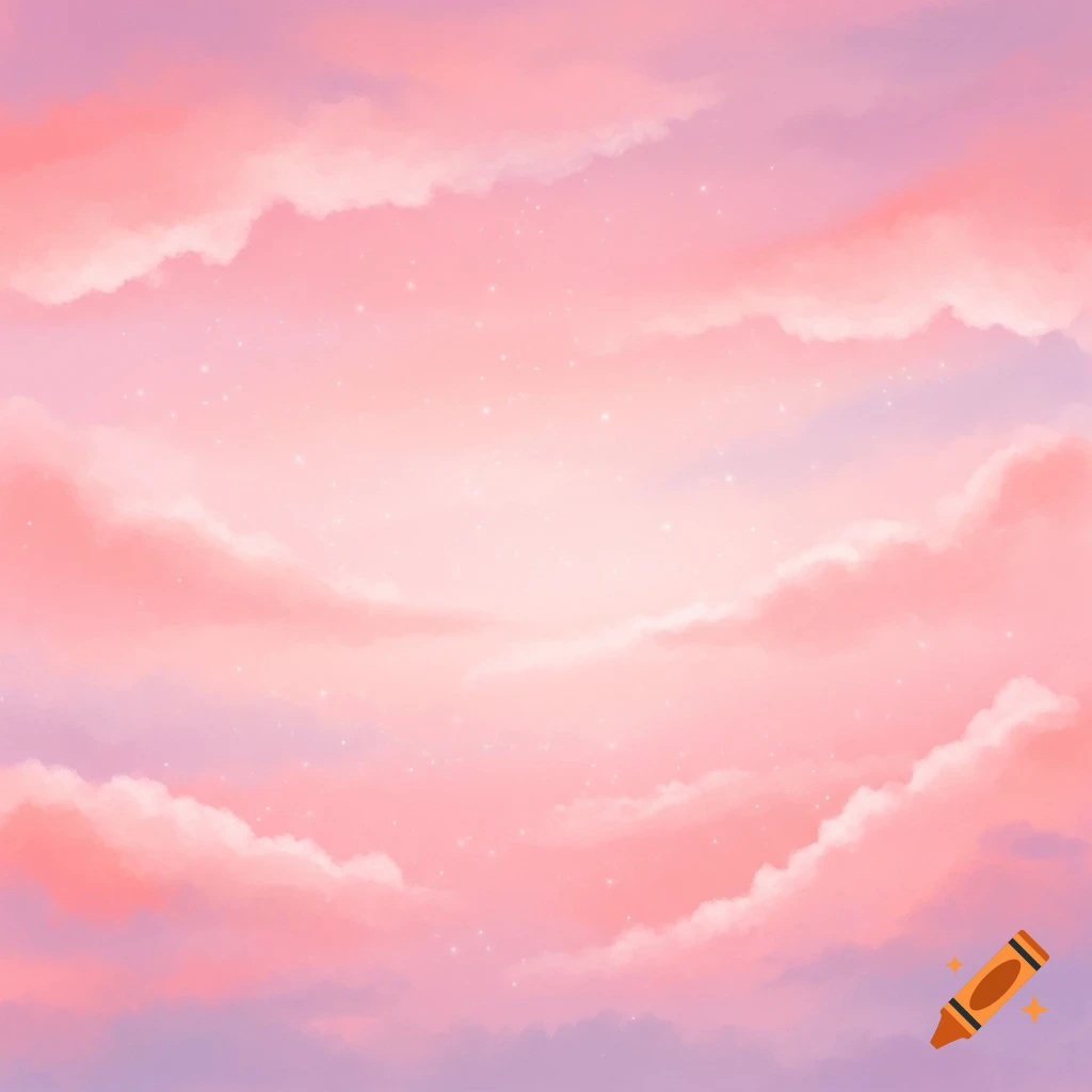 A dreamy pink and purple sky filled with soft, glowing clouds and sparkling starlight in a painterly style.