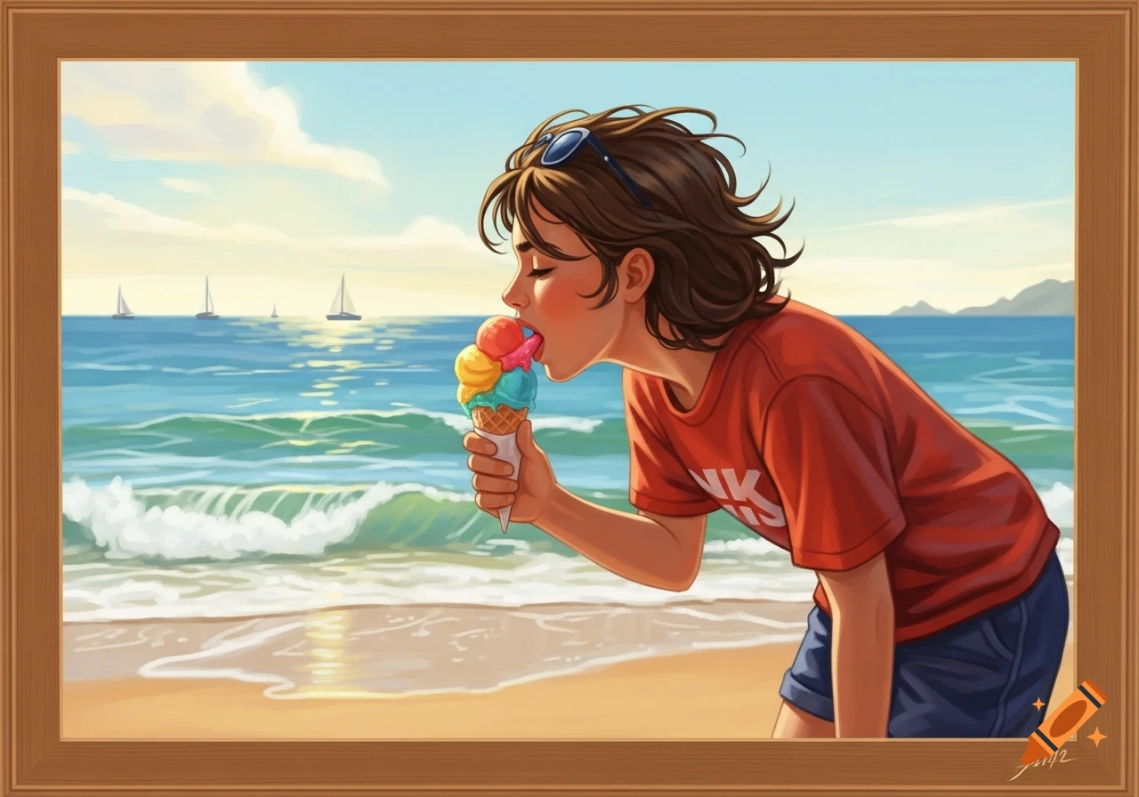 An illustration of a person leaning forward, licking a colorful ice cream cone at a sunny beach with sailboats in the background.