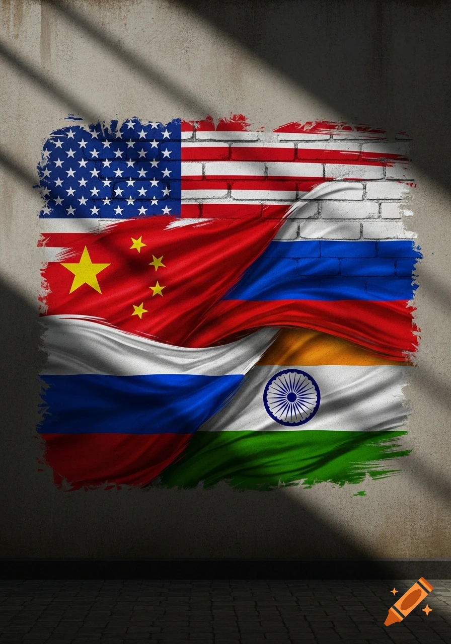 Overlapping flags of the US, China, Russia, and India painted with brush strokes on a concrete wall.