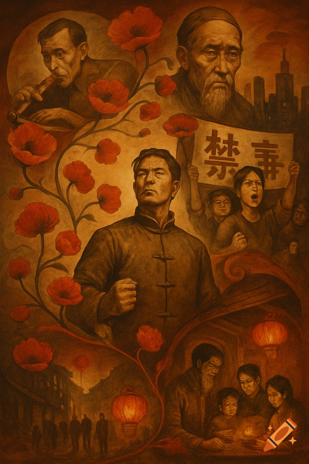 Sepia painting depicting Chinese anti-drug history: figures, poppies, a resolute man, opium smoker, and a protest with an 'anti-drug' banner.