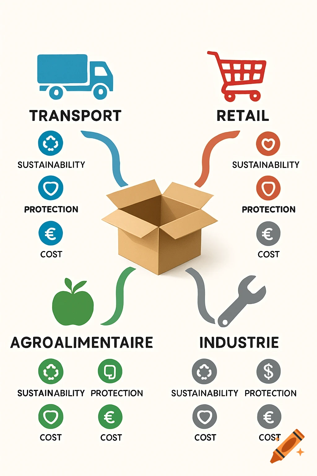 A colorful infographic showing a central cardboard box connected to icons for Transport, Retail, Agroalimentaire, and Industrie, each with sub-icons for Sustainability, Protection, and Cost.