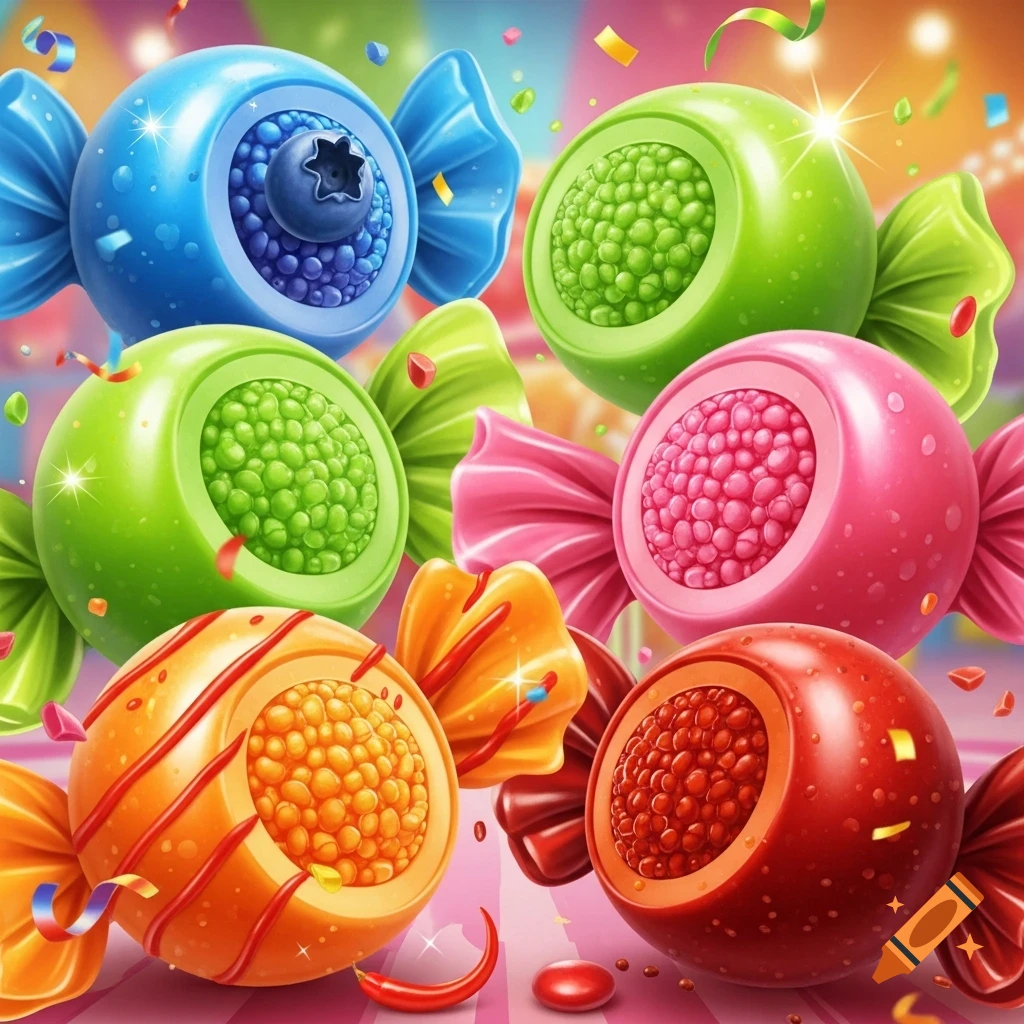 Vibrant, colorful candies with gummy shells and crunchy, berry-like centers, surrounded by confetti.