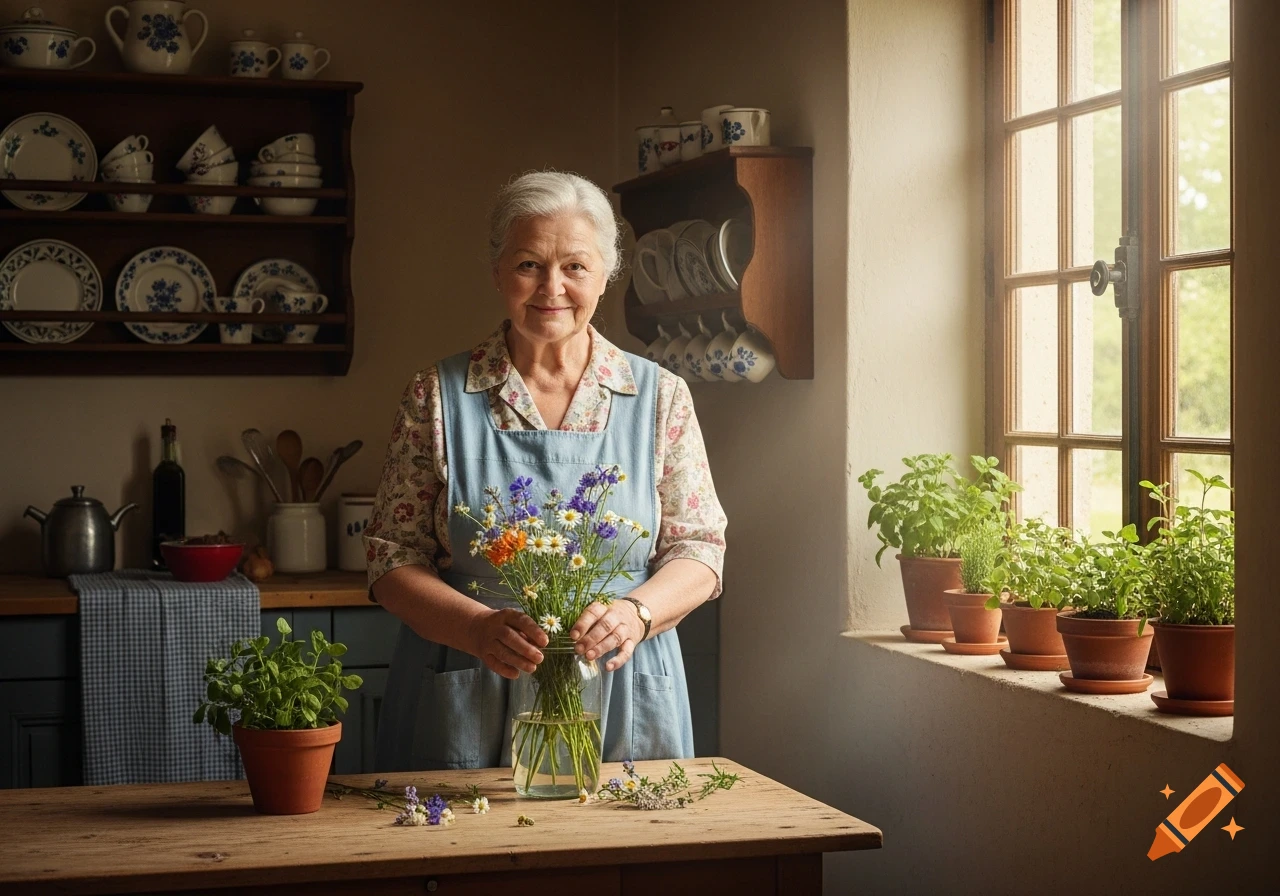 An elderly woman with gray hair smiles while arranging a colorful bouquet of wildflowers in a rustic kitchen by a sunny window.