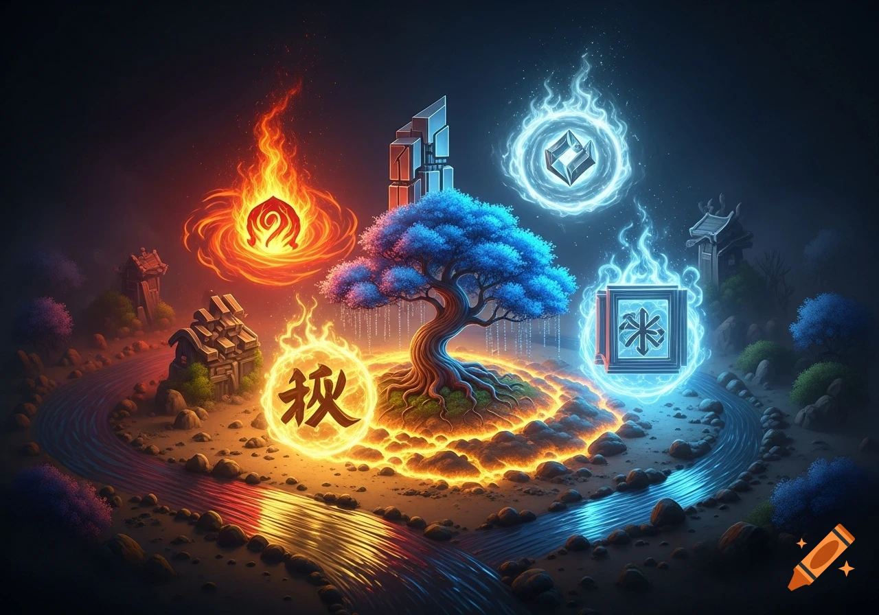 A glowing blue bonsai tree surrounded by five elemental symbols: fire, water, earth, metal, and wood, with small structures and a river flowing through a dark, ethereal landscape.