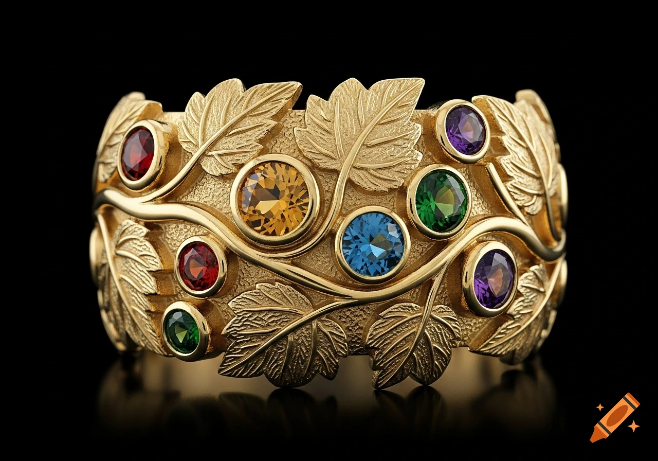 Photorealistic macro shot of an 18k yellow gold ring with hand-engraved aspen leaves and scattered red, yellow, blue, green, and purple gemstones on a black background.