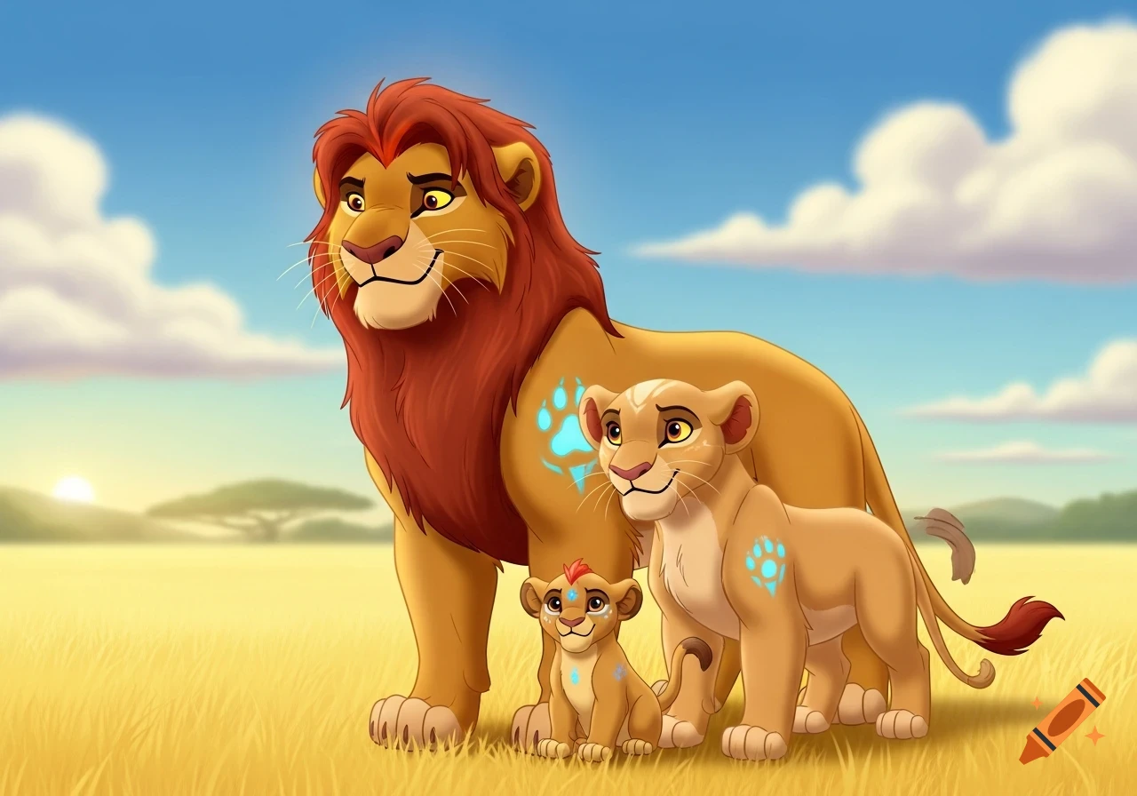 A cartoon lion family, a male lion with a reddish mane, a lioness, and a cub, stand in a sunny savanna with blue skies and clouds.