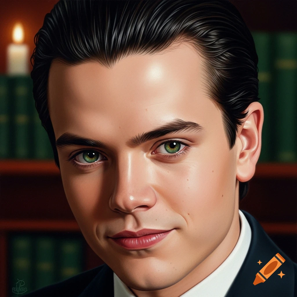 An oil painting portrait of a young man with dark hair and striking green eyes, smiling slightly, against a blurred background of bookshelves and a candle.