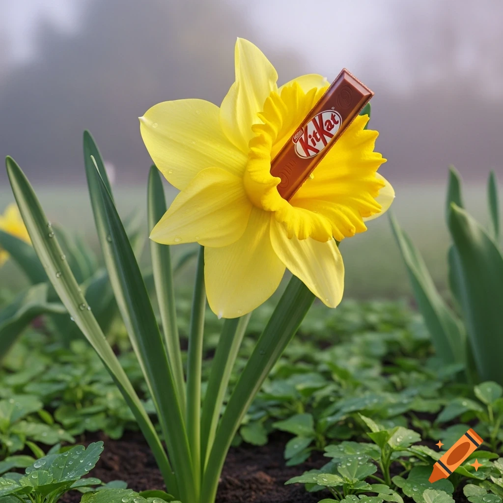 Photorealistic close-up of a yellow daffodil holding a Kit Kat bar, with dewdrops on surrounding green leaves.