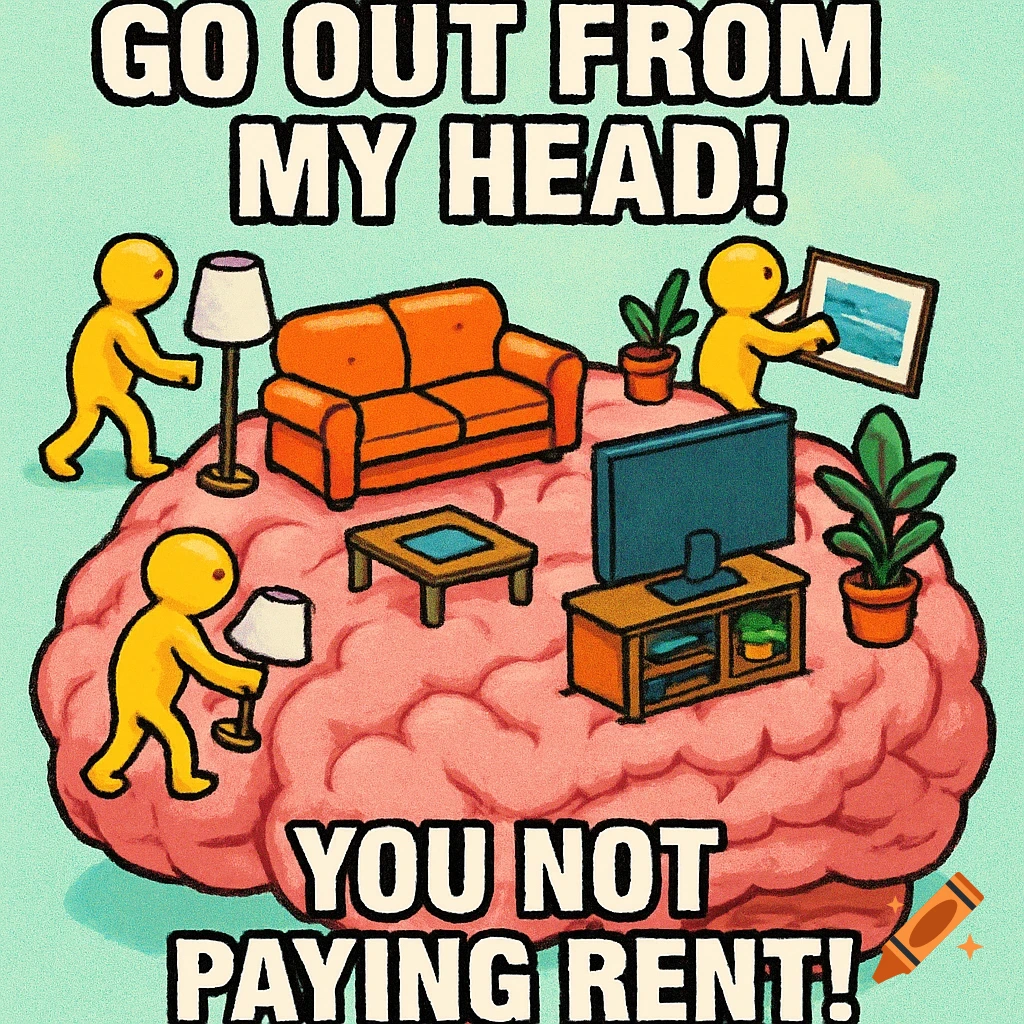A humorous cartoon depicting a large pink brain with small yellow figures moving furniture, including a couch, TV, and lamps, out of it. Bold white text with a black border reads, "GO OUT FROM MY HEAD! YOU NOT PAYING RENT!"