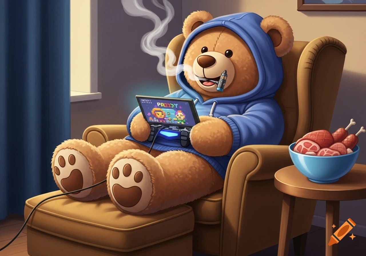 A cartoon teddy bear wearing a blue hoodie sits in an armchair, playing a video game on a tablet while vaping. A bowl of meat sits on a side table.
