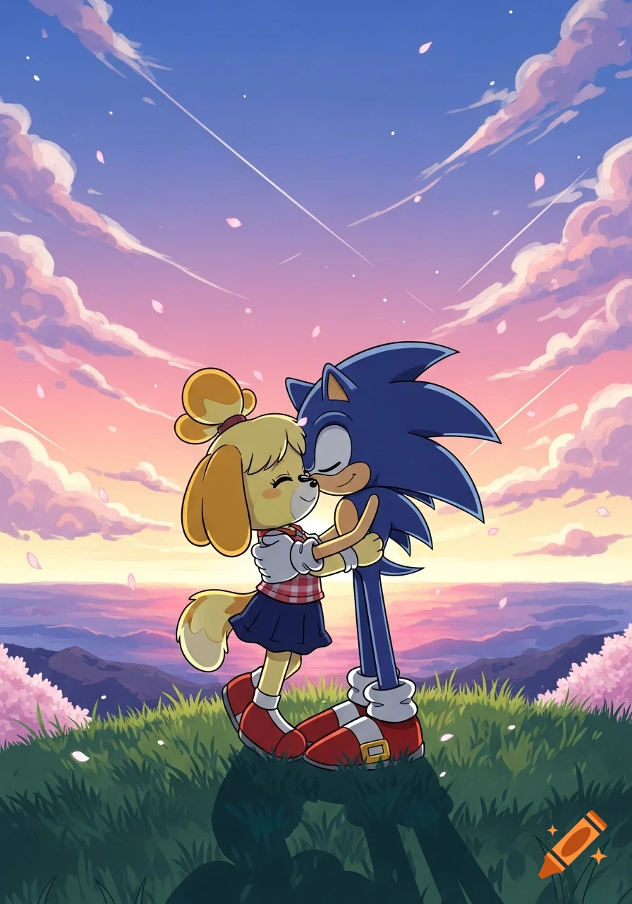 Anime style illustration of Sonic the Hedgehog and Isabelle hugging at sunset on a grassy hill with cherry blossoms.
