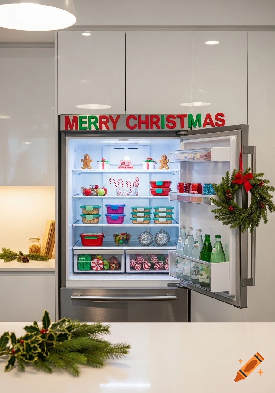 A clean, open refrigerator decorated for Christmas, filled with containers, drinks, candy canes, gingerbread men, and festive ornaments.