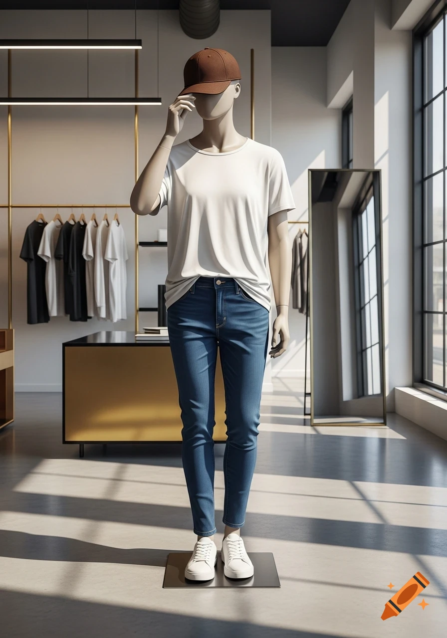 A photorealistic mannequin in a clothing store, wearing blue jeans, a white t-shirt, a brown cap, and white sneakers.