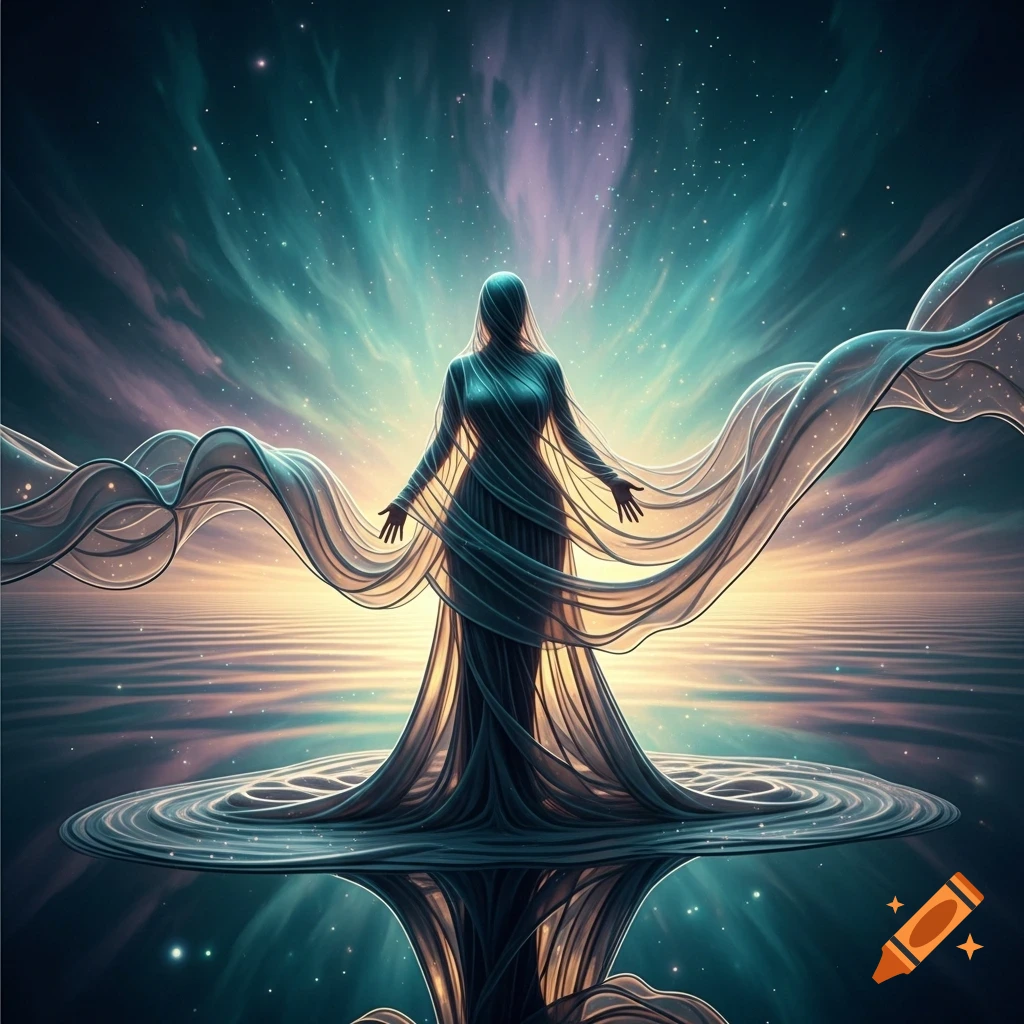 A luminous, ethereal figure, draped in flowing, translucent fabric, stands on a rippled surface reflecting a vibrant cosmic sky.