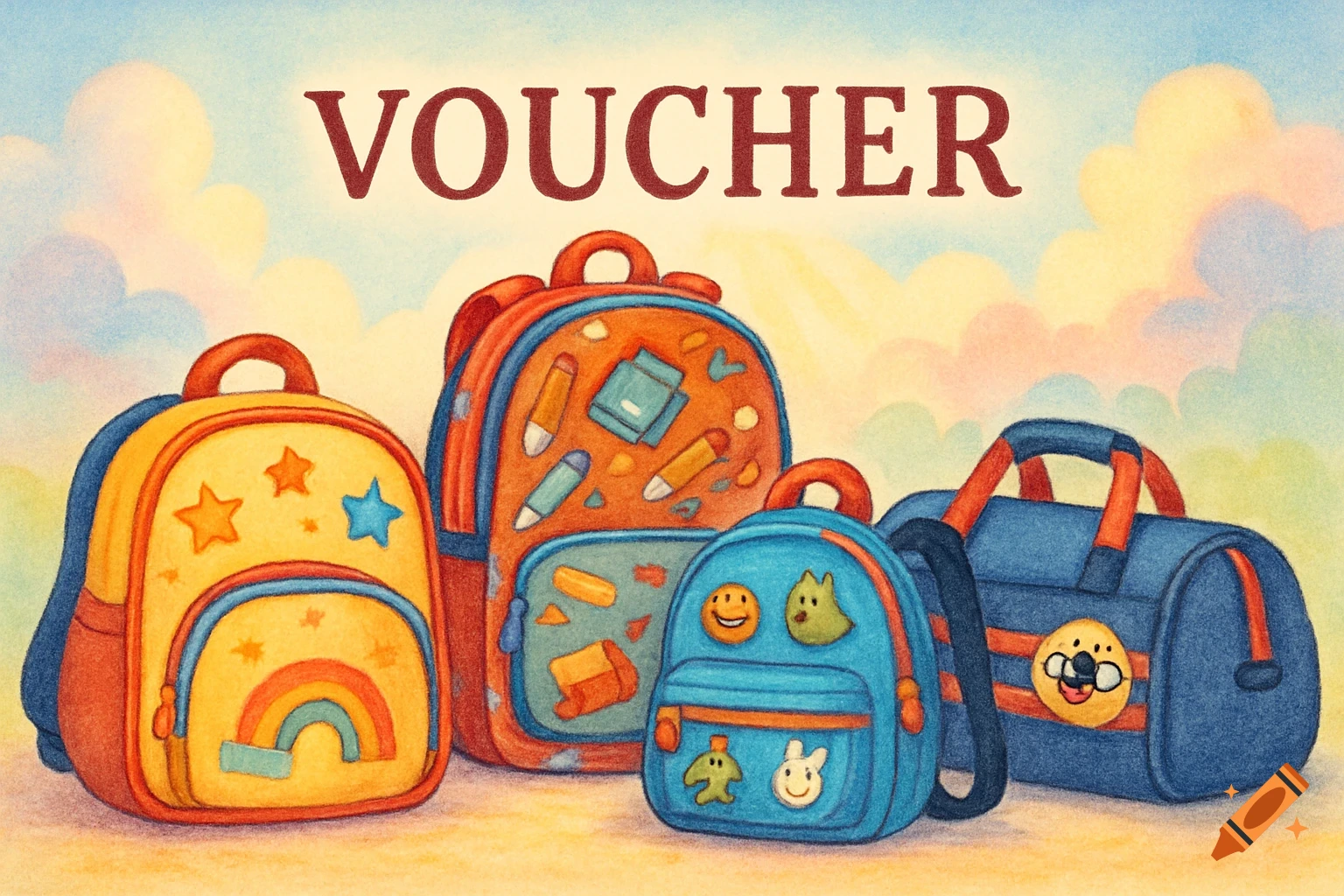 Cartoon illustration of four colorful children's bags, including backpacks and a duffel bag, with "VOUCHER" text above.