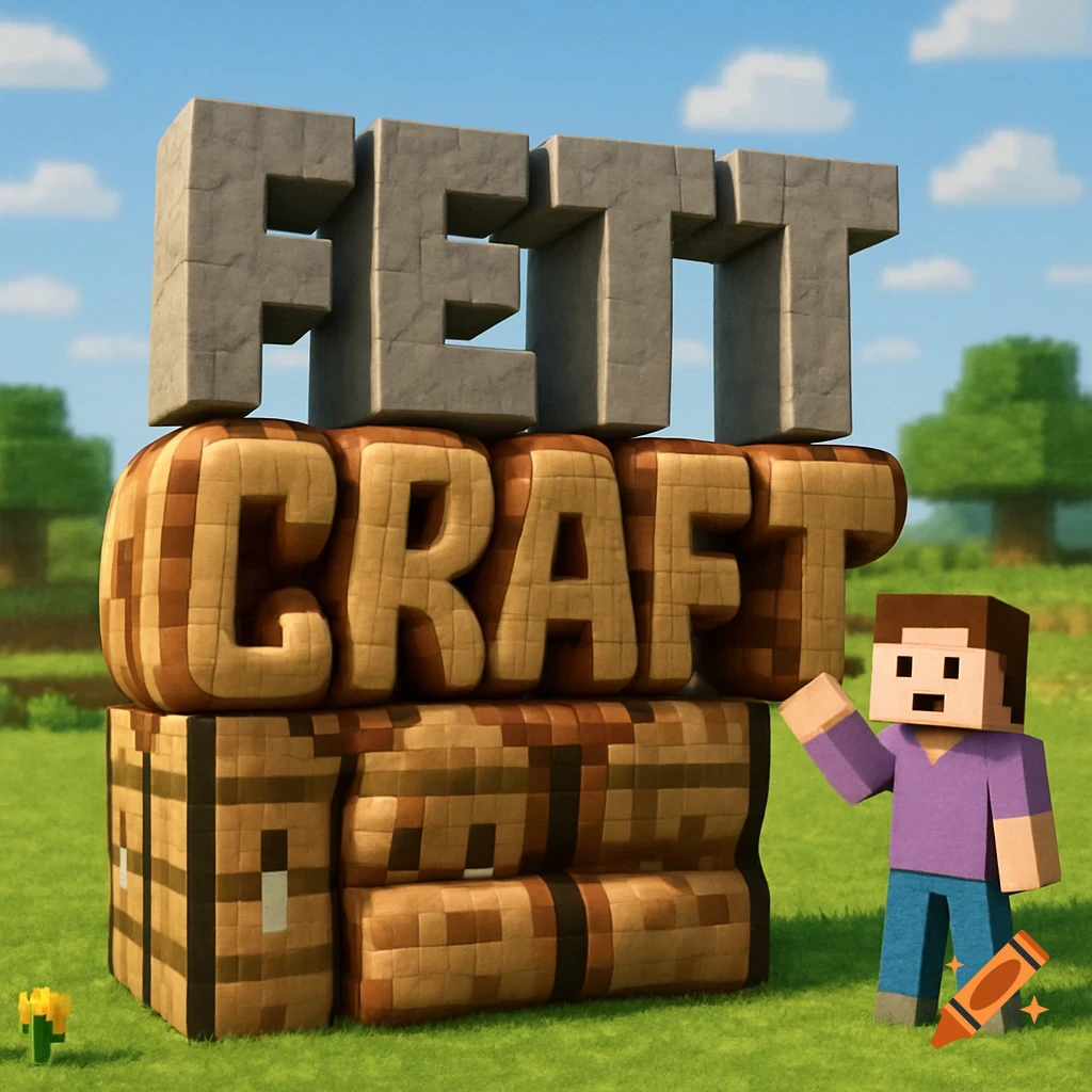 A Minecraft-style character next to large 3D text blocks spelling "FETT CRAFT" on a grassy plain.