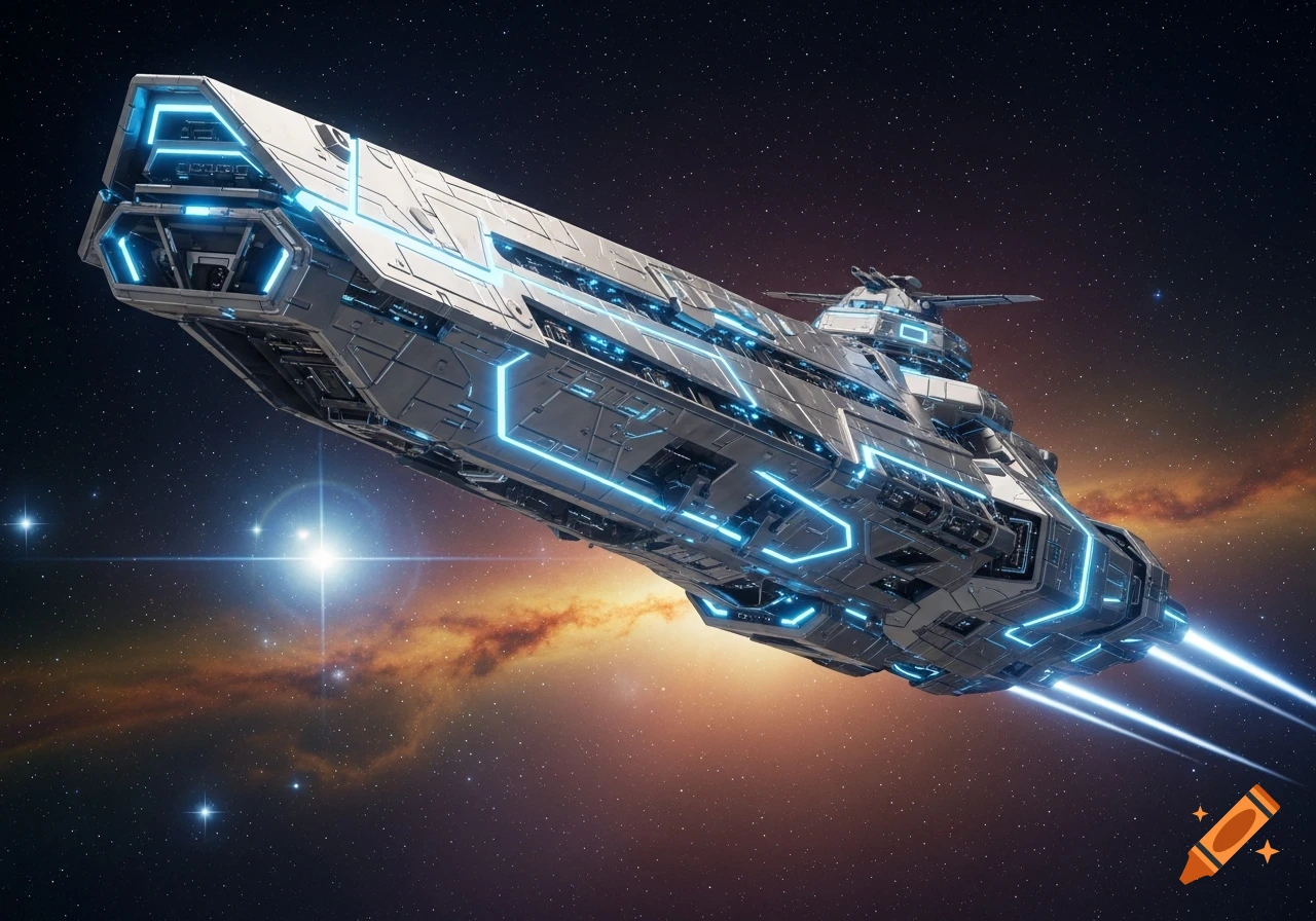 A sleek, futuristic battleship with blue glowing accents and engine trails, flying through deep space with a colorful nebula.