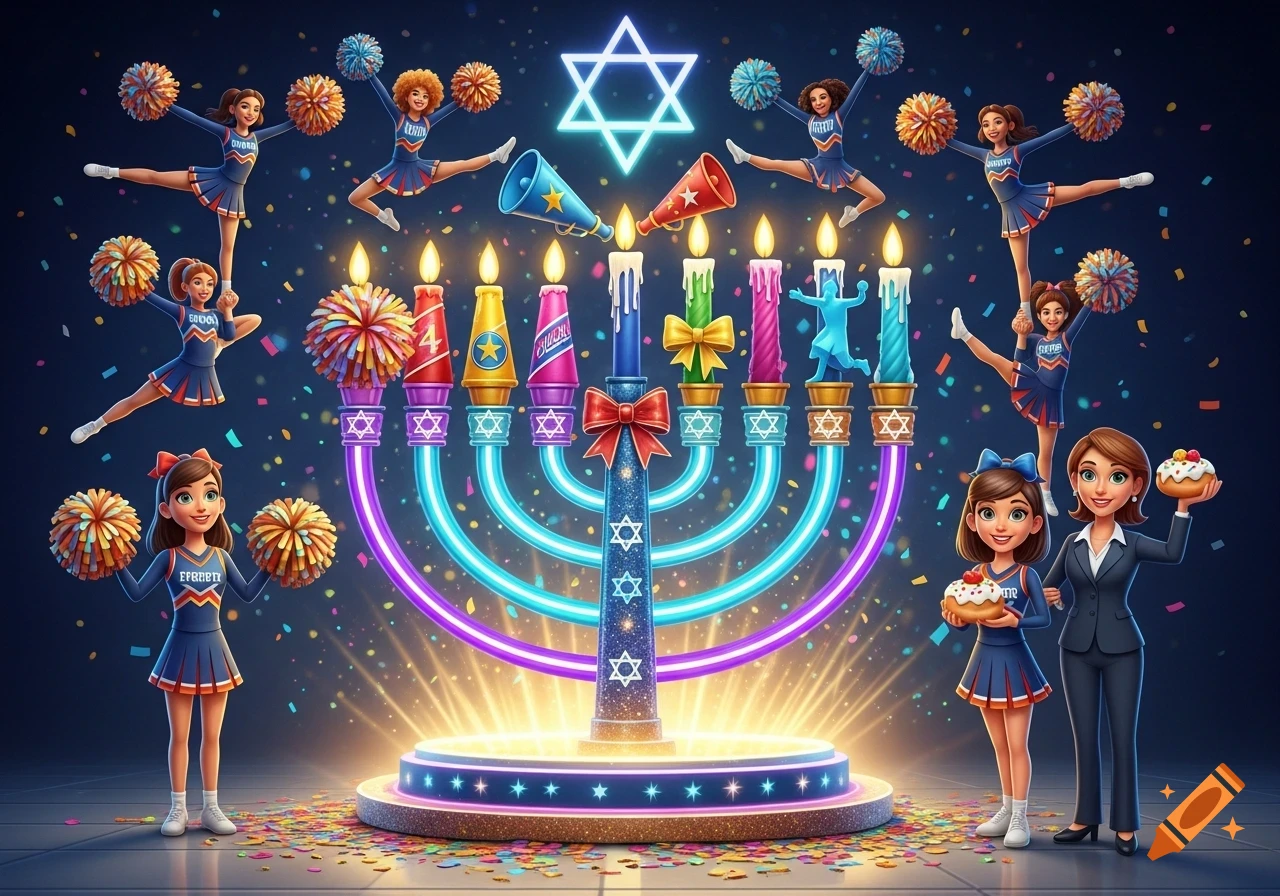 A whimsical Hanukkah menorah glowing with neon lights and cheerleading elements. Cheerleaders perform stunts around it, and a teen cheerleader holds a sufganiya next to her mother.