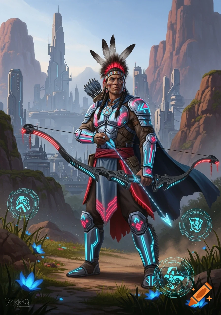 A futuristic Native American warrior in glowing armor with a bow and arrow stands before a sci-fi city and red rock mountains.