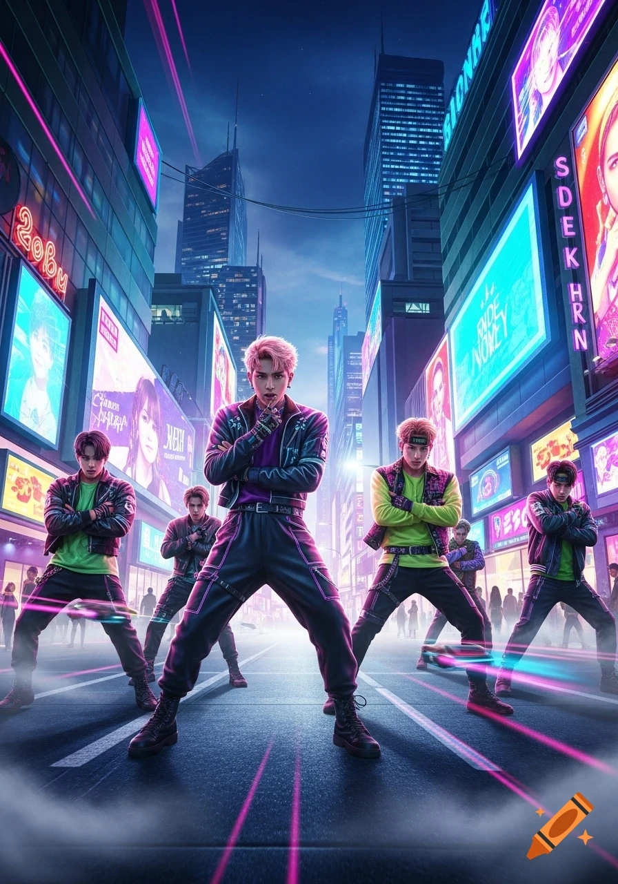 A K-pop boy band poses on a neon-lit city street at night, illuminated by pink and blue lights, in a dramatic, futuristic style.