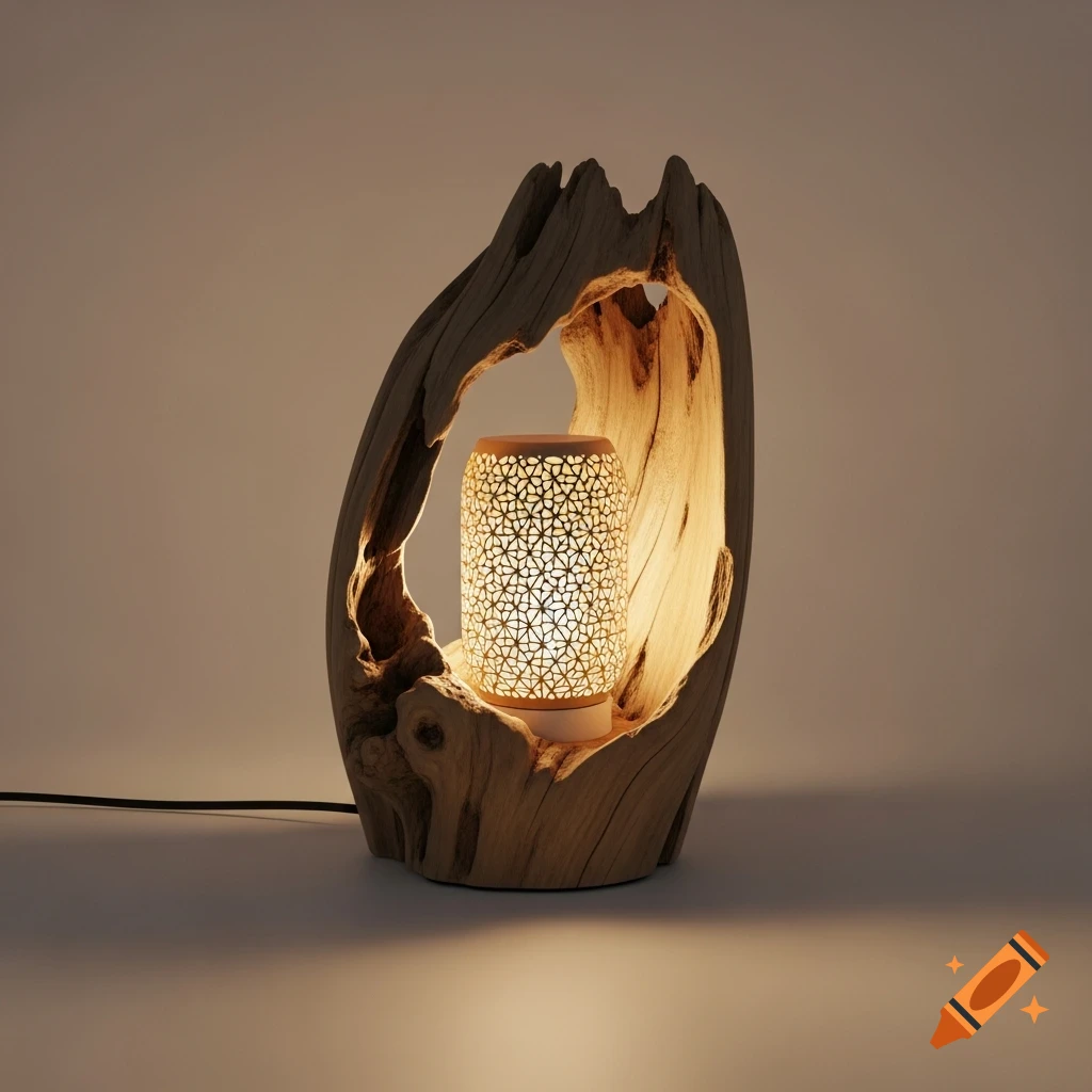 A photorealistic desk lamp made from a hollow piece of driftwood with a glowing, patterned shade inside.