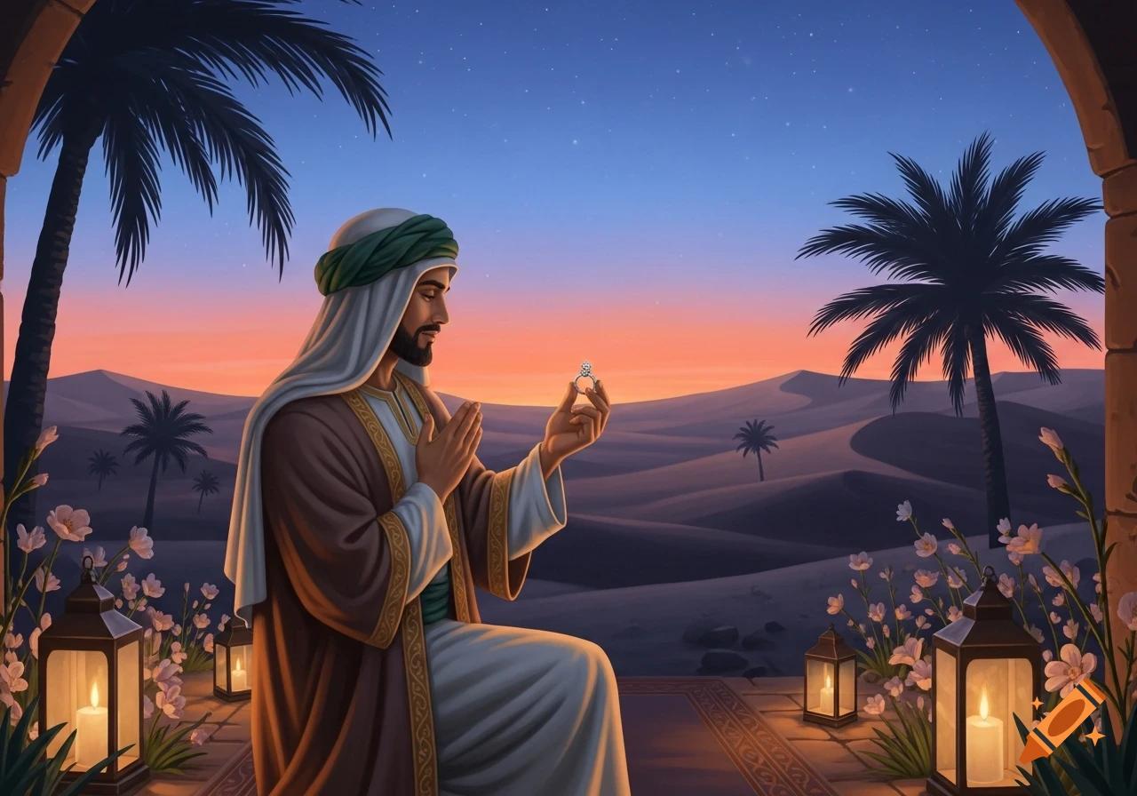 A man in a turban and robes sits in a desert at sunset, holding a ring, with palm trees and lanterns.
