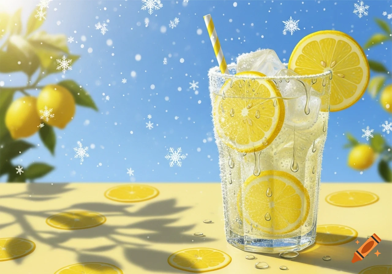 Iced lemonade with lemon slices and a straw on a table with falling snowflakes and sunlit lemon trees in the background.