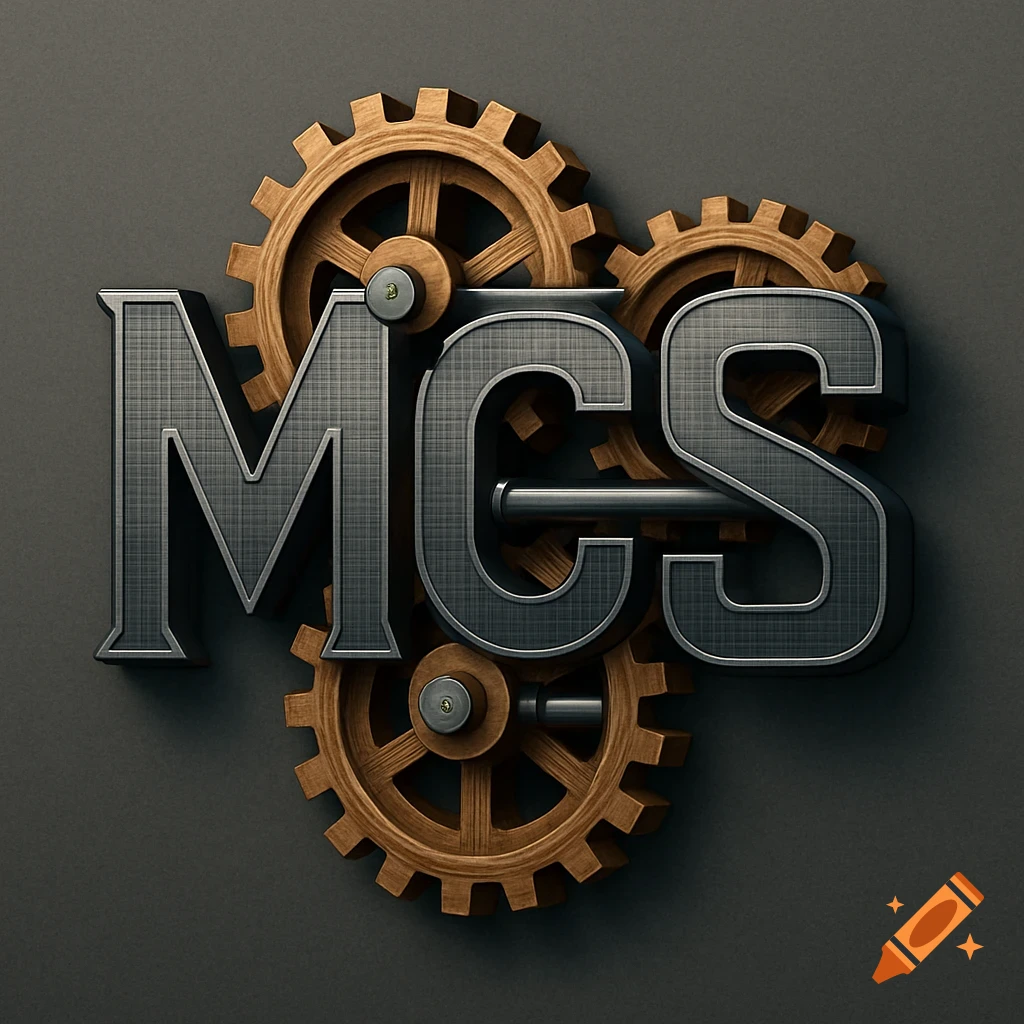 Stylized logo featuring brushed metal letters MCS interwoven with wooden gears on a dark background.