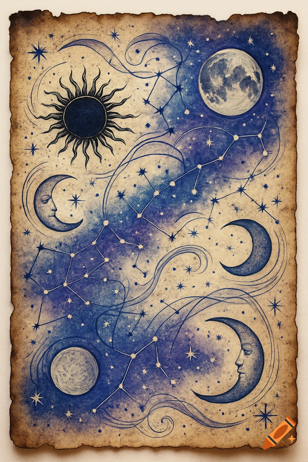 Vintage cosmic drawing on old paper, featuring a sun, moons with faces, and constellations in blue and beige.