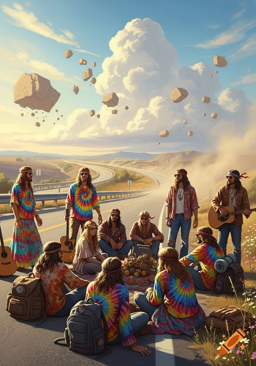 A group of hippies in tie-dye clothes gather by a highway entrance ramp with guitars and a picnic, while rocks float in the sky.