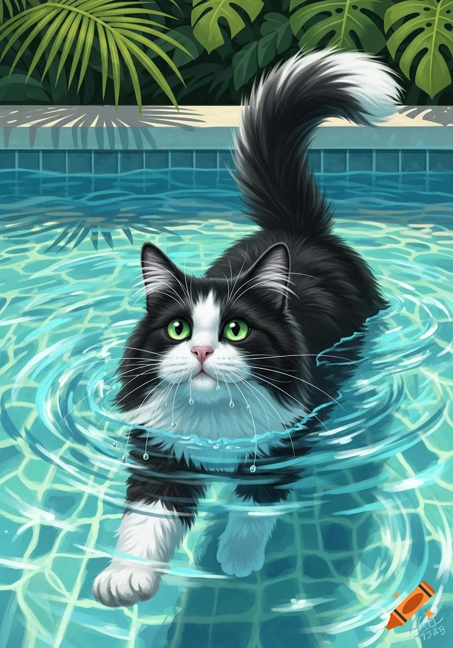 A fluffy black and white cat with green eyes swims in a bright blue pool, water dripping from its chin, with tropical leaves in the background.