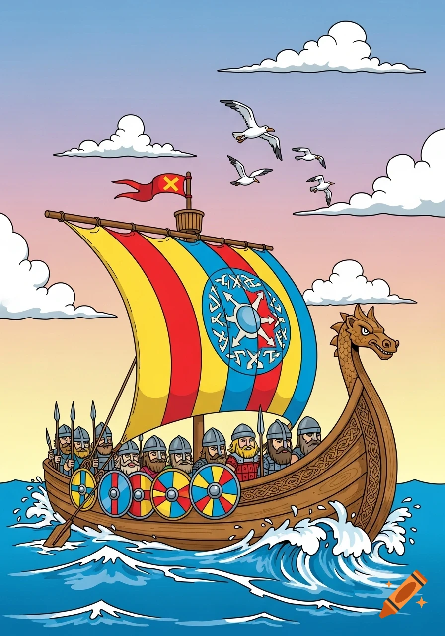 Cartoon Viking longship with a dragon head prow sailing on blue waves under a pastel sky, crewed by Vikings with colorful shields.