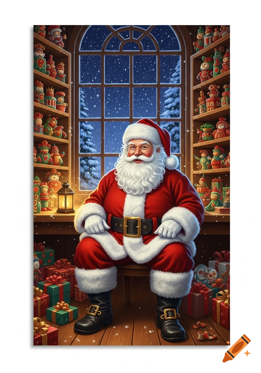 Santa Claus sits in a festive workshop, surrounded by shelves of toys and gifts, with a snowy winter scene visible through a window.