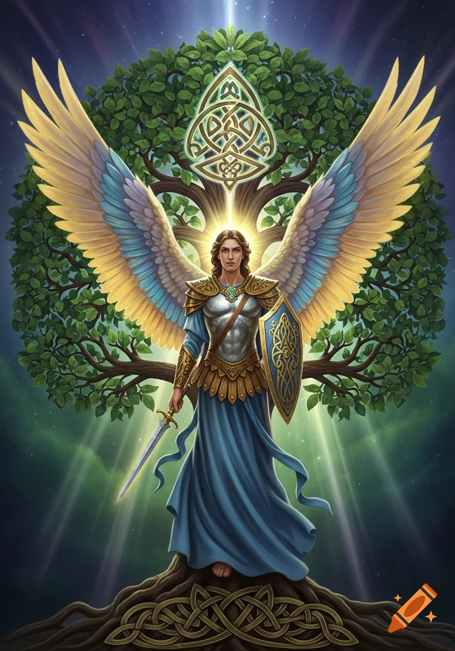 Majestic Archangel Michael with open wings, sword, and shield, standing on the roots of a glowing Celtic tree of life.