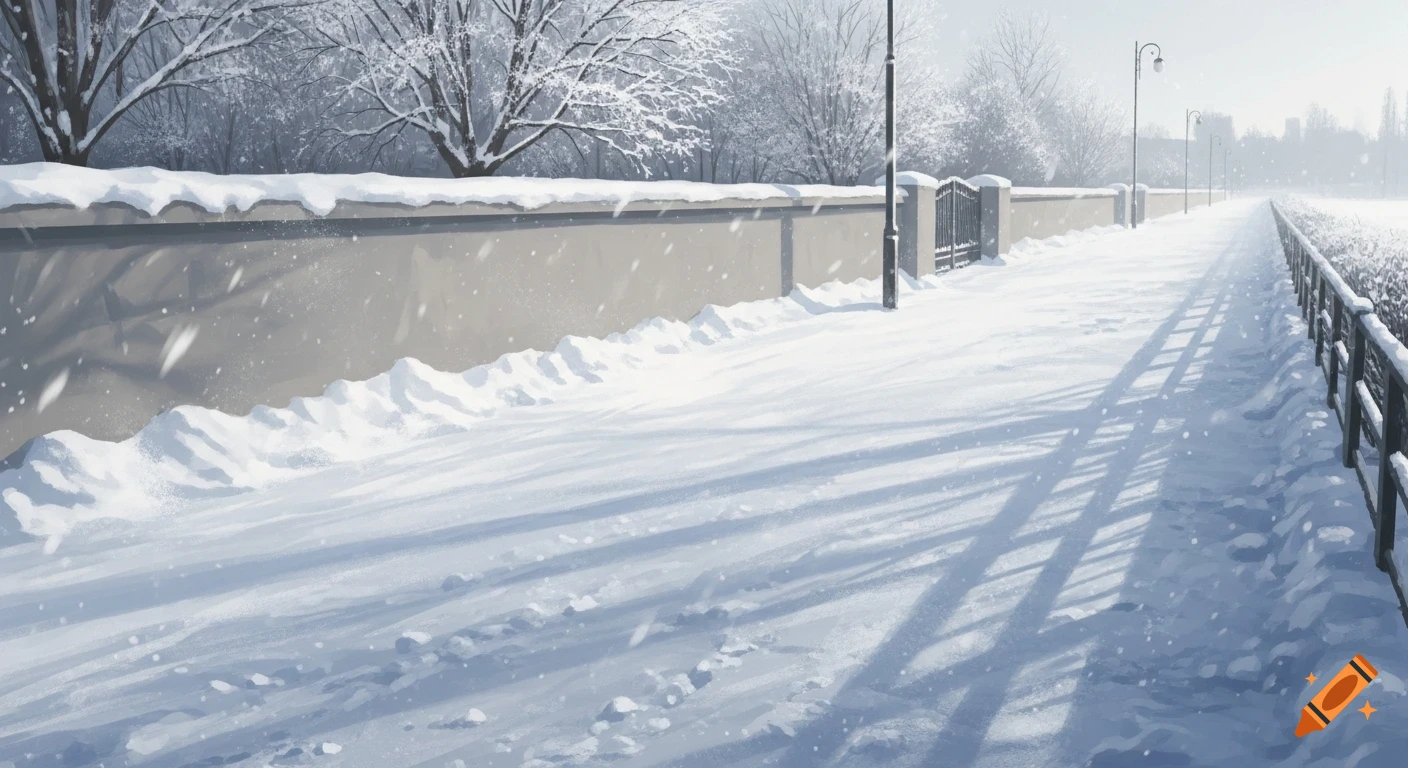 A snow-covered sidewalk stretches into the distance, bordered by a low wall and bare, snowy trees under a winter sky.