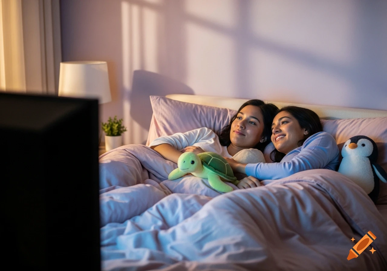 Two women cuddle in bed, watching TV, with a green turtle and penguin plushie. Photorealistic.
