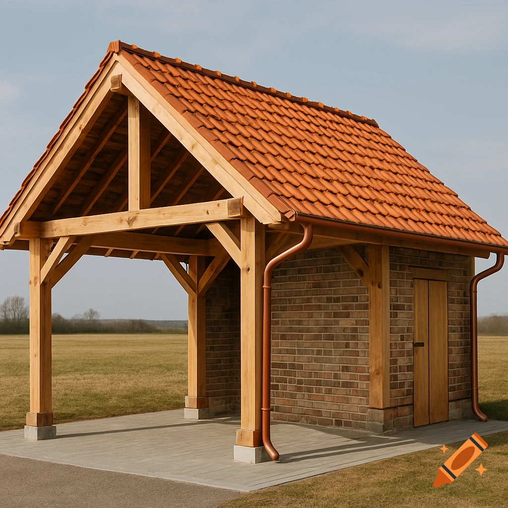 A wooden carport with a red tiled roof and a brick storage room stands in a grassy field under a clear sky.