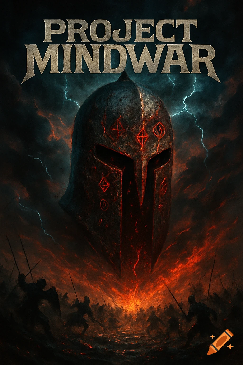 A dark fantasy album cover showing a menacing helmet with glowing red symbols, lightning, and shadowy warriors battling in fire and smoke.