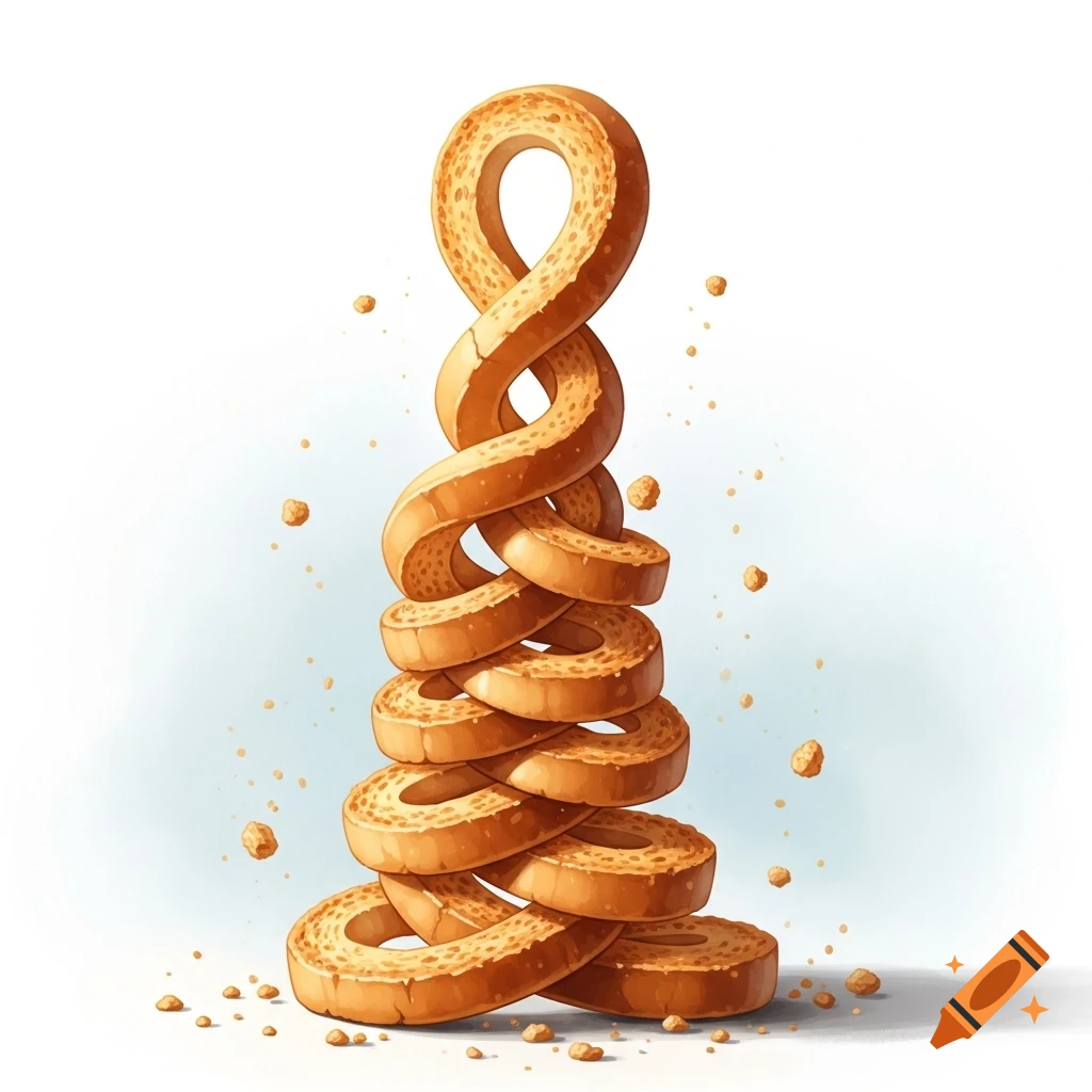 A whimsical stack of golden, twisted, ring-shaped baked goods with crumbs scattered around, against a clean white background.
