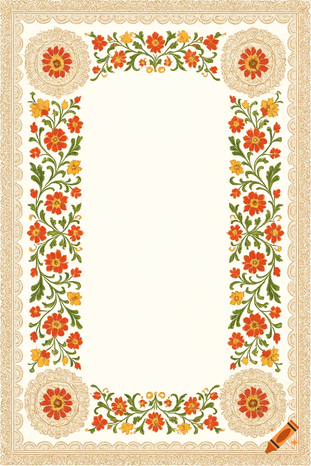 Ornate rectangular border with red and yellow flowers on green vines, surrounded by light brown lace and doily patterns on a cream background.