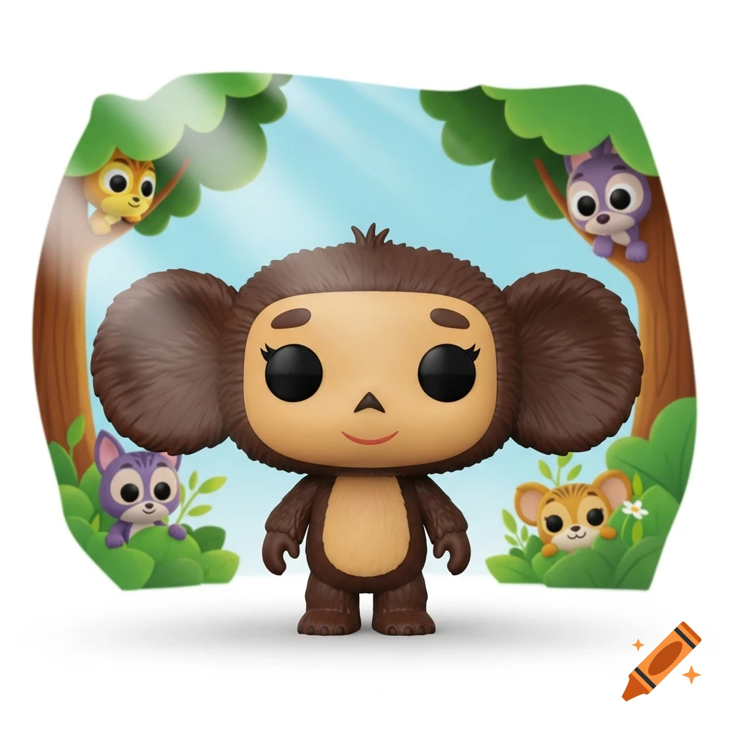 A Funko Pop Cheburashka stands in a cartoon forest with small animal friends peeking from trees and bushes.