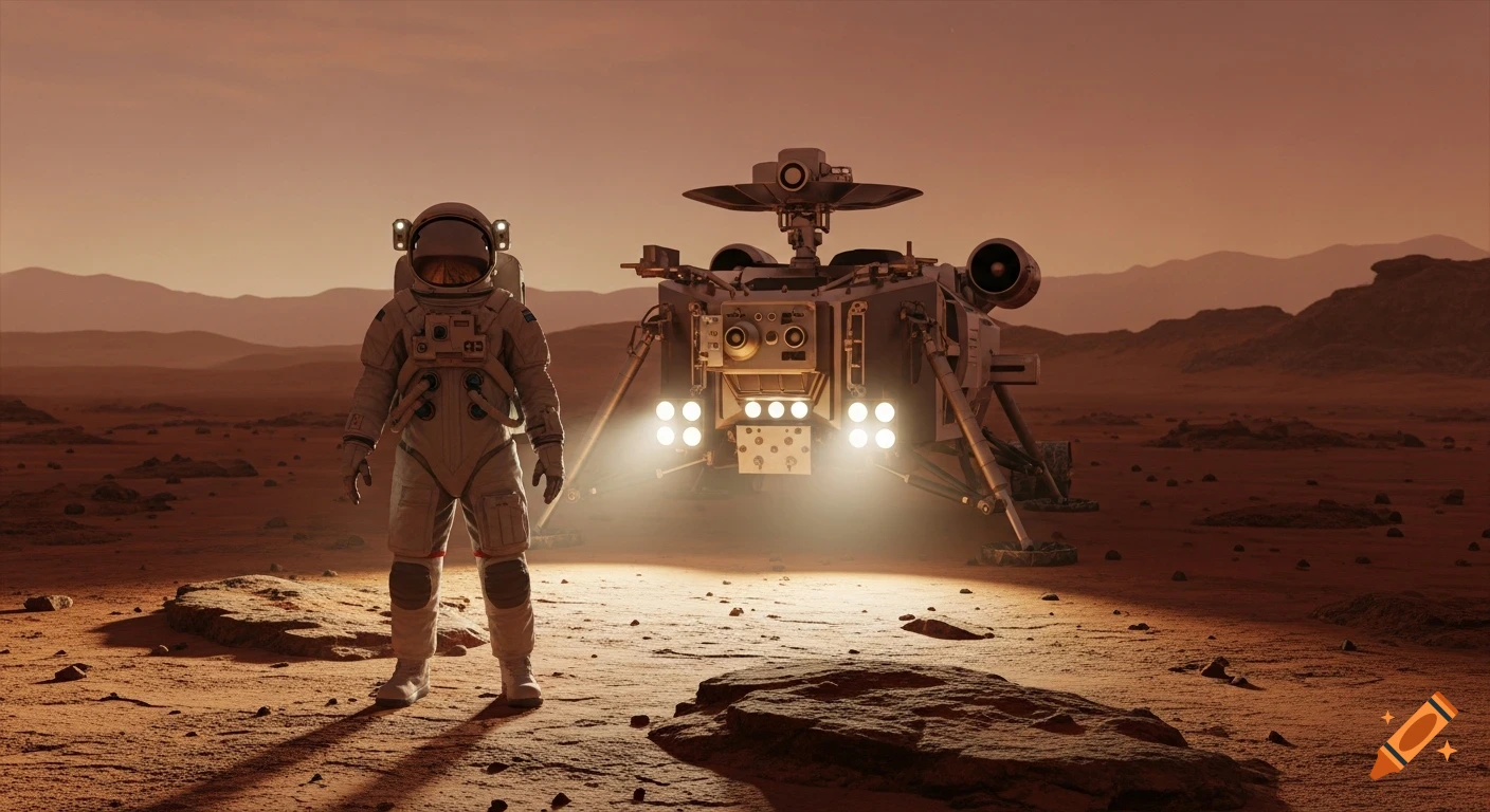 A hyper-realistic photo of an astronaut standing on the dusty red surface of Mars next to a futuristic lander with illuminated lights.