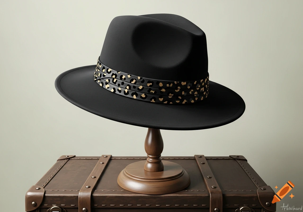 A black fedora hat with a black and gold leopard print band sits on a wooden stand atop a brown vintage trunk.