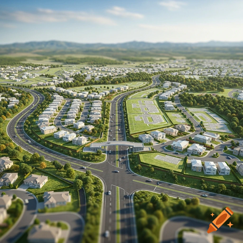 Aerial tilt-shift view of a large residential development with houses, roads, and green spaces, resembling an engineer's plan.
