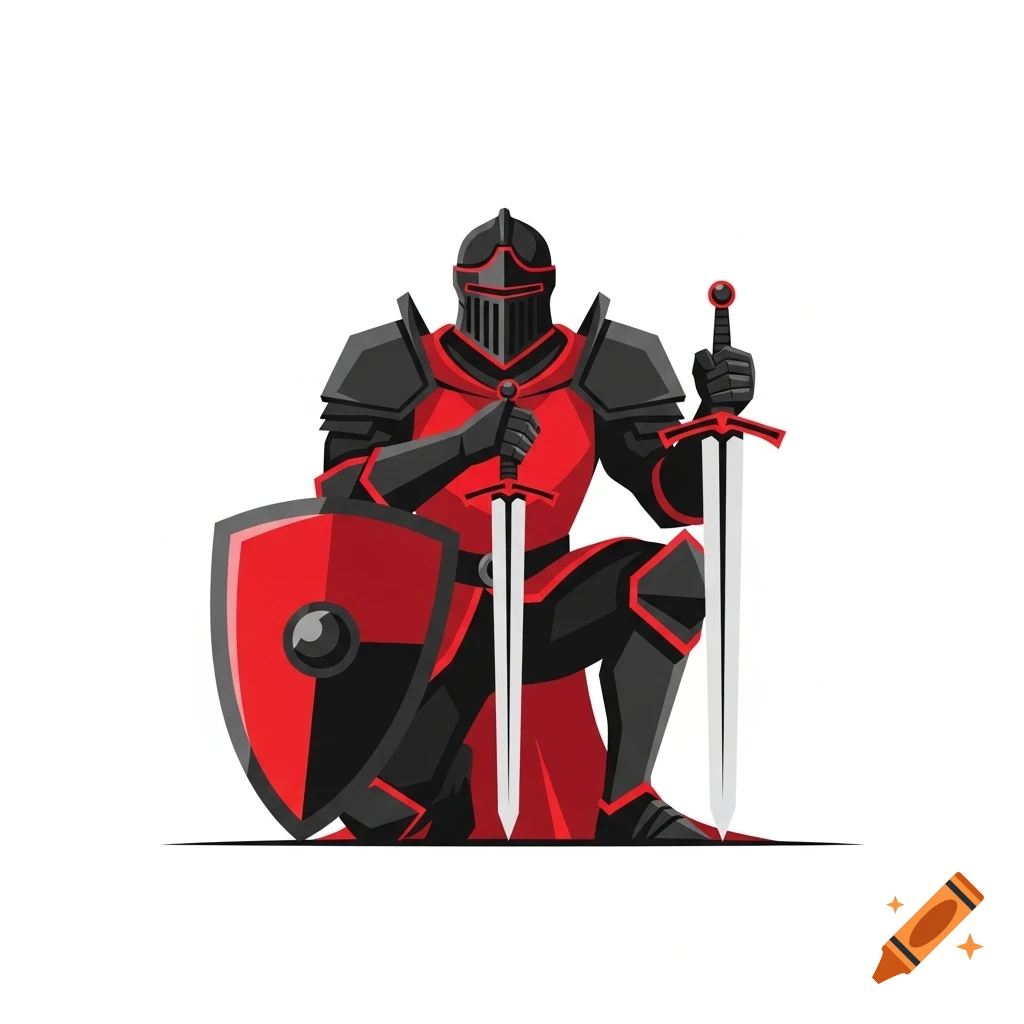 Red and black armored knight kneeling with a sword and shield, vector illustration.